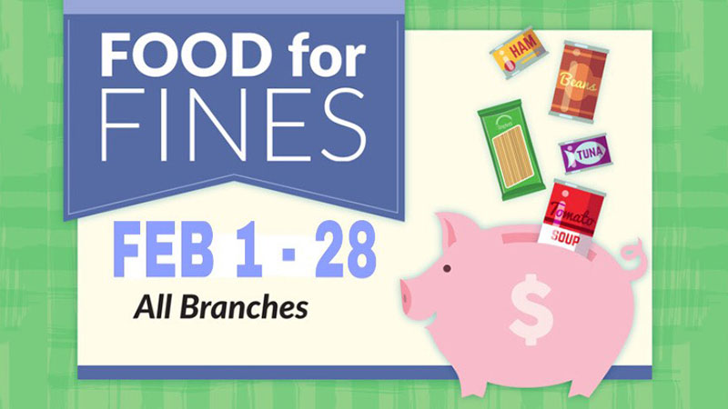 Food-4-Fines with cans of food going into a pink piggy bank