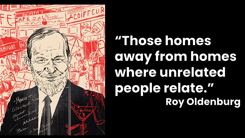 Drypoint engraving of Roy Oldenburg with his quote "Those homes away from homes where unrelated people relate."