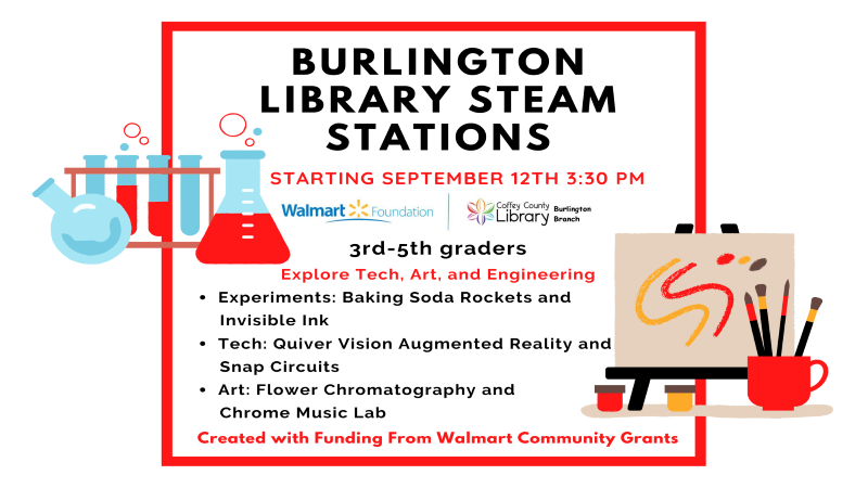 Promotional Flyer for STEAM Stations at the Burlington Library
