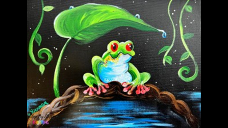 acrylic painting featuring a frog sitting on a log under a large leaf floating on the water.