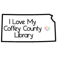 I Love My Coffey County  Library and lotus inside an outline of the state of Kansas icon 