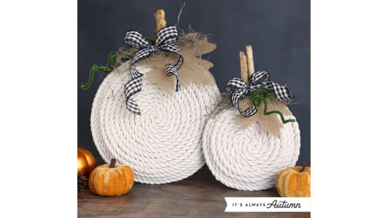 Autumn pumpkin decor made with white rope
