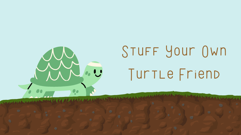 cartoon turtle wearing a white sweat band on its forehead running on a dirt path with the words "Stuff your own turtle friend."