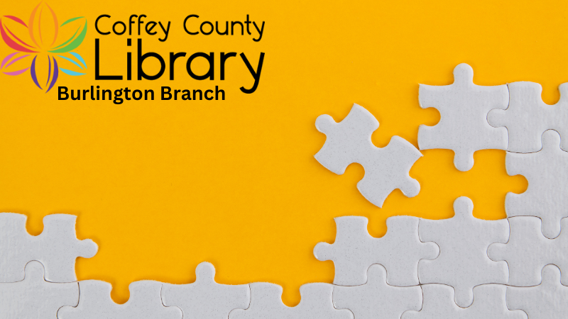 white puzzle pieces on a yellow background with the Coffey County Library-Burlington Branch logo in the top left corner.