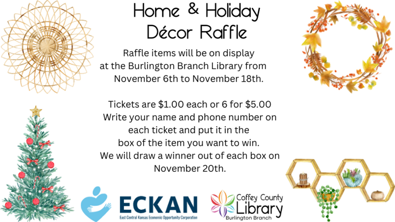 Promotional flyer for the Burlington Library Tree and Wreath Raffle