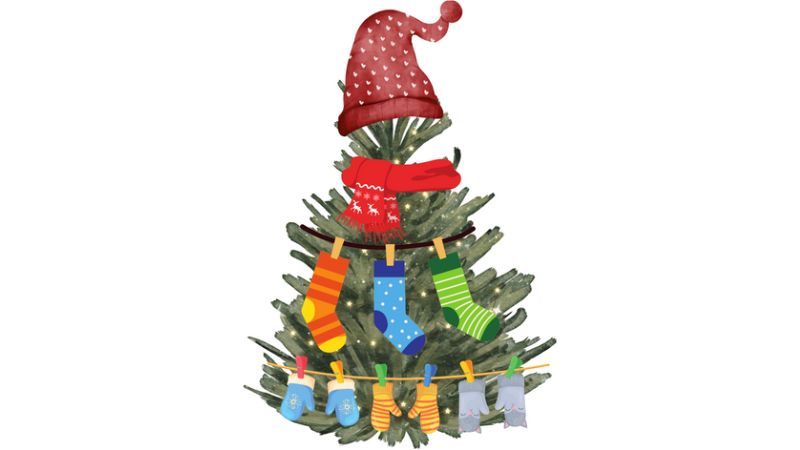 clip art christmas tree adorned with a beanie tree topper and scarf, hats, and gloves