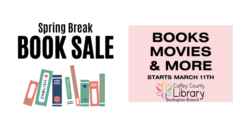 Promotional flyer for spring break books sale at the burlington library